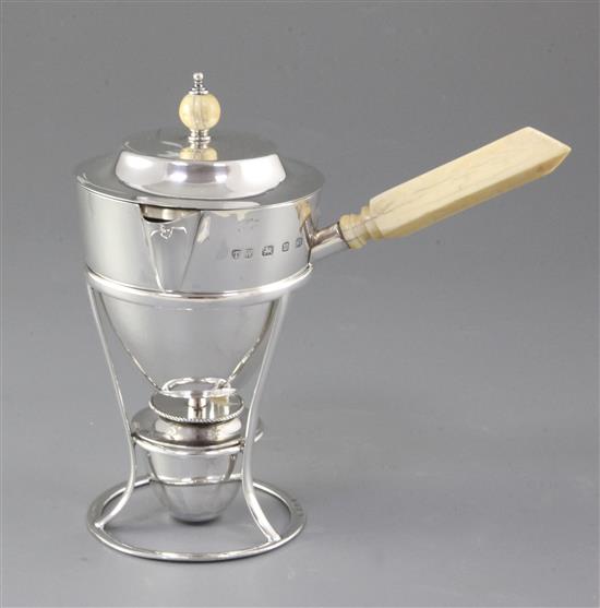 A late Victorian silver brandy pan, cover, burner and stand, by Thomas White, Height 178mm Gross weight 12.1oz/379grms